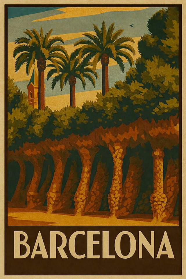 Póster de viaje vintage del Parque Güell de Barcelona