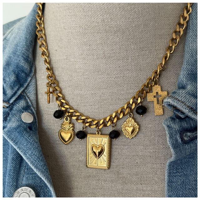 Collier chaîne épaisse multipampille noir/doré