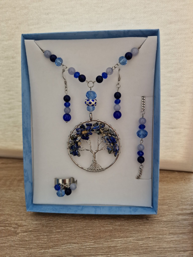 Parure Arbre De Vie Acier Aquamarine Lapis Lazuli Pierre De Lune Cristal