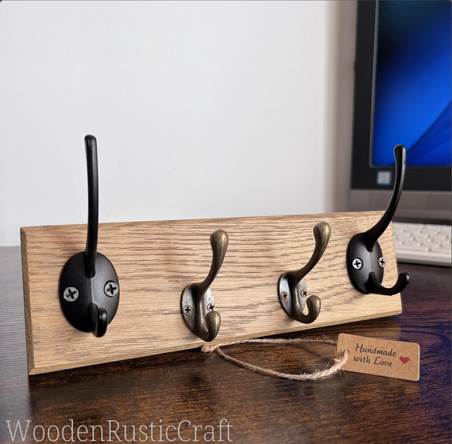 Short Oak Coat Rack with Four Metal Hooks