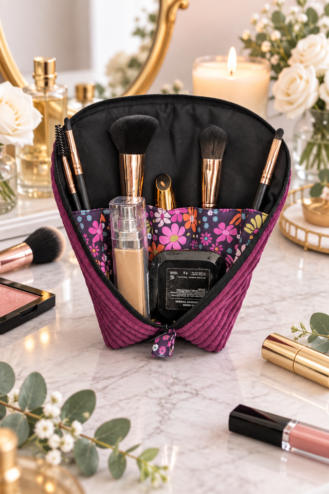 Trousse à maquillage nomade velours côtelé lilas 