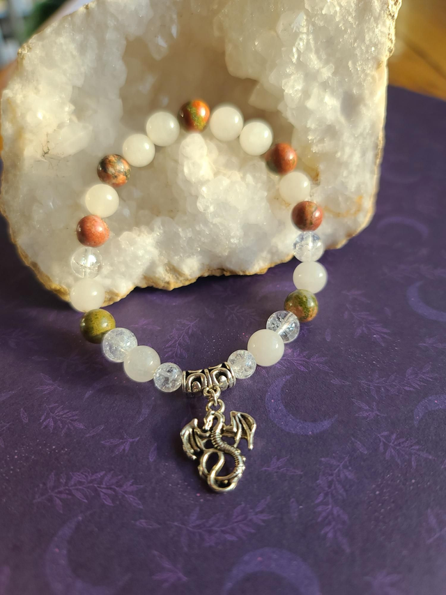 ​Bracelet Alliance Draconique : Unakite, Péristérite &amp; Quartz