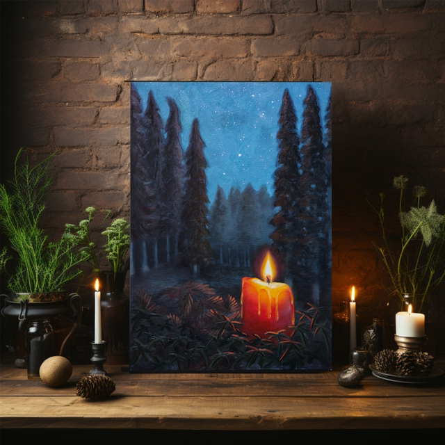 Original Painting Ivy and Pine Winter Candle