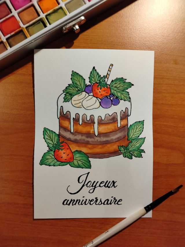 Carte d'anniversaire illustration gâteau à l'aquarelle 