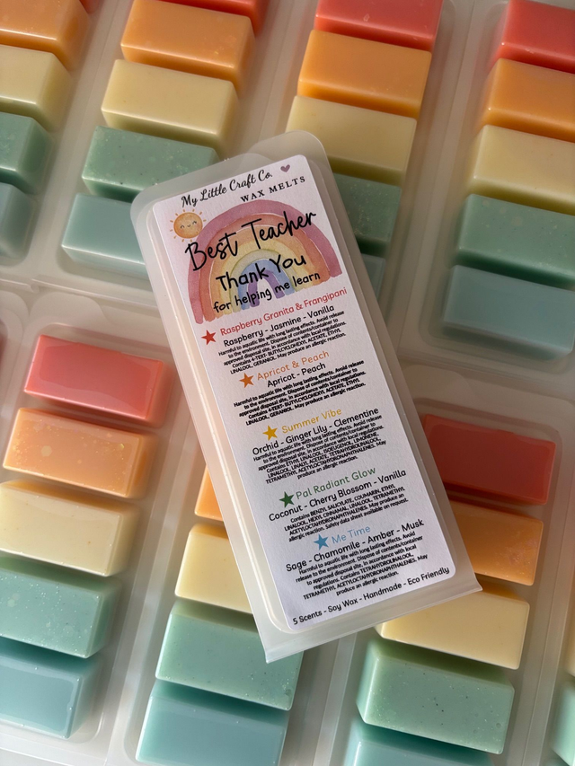 Thank you Teacher, Assistant, Nursery, end of Term Gift, 5 Individual Scents, Highly Scented Soy Wax Melts, Choice of Label