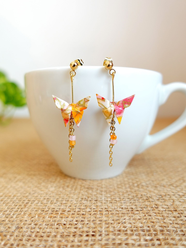 INOX doré / Origami Papillon / Papier japonais washi / Rose, orange, or / Bijou japonais origami / Boucles d&#039;oreilles /