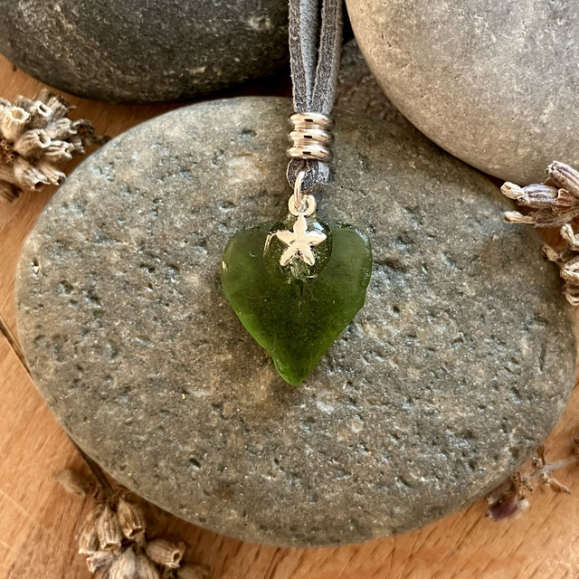 Cornish Sea Glass &amp; Silver Star Pendant