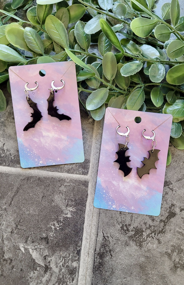 Earrings | Glossy Black Bats - Various Designs | Stainless Steel Hoops