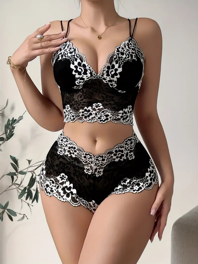 Bralette, Women's Two-tone Colors Block Floral Lace Bralette Bra Set