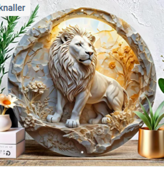 Wanddecoratie metalen bord Witte Leeuw (20cm diameter)