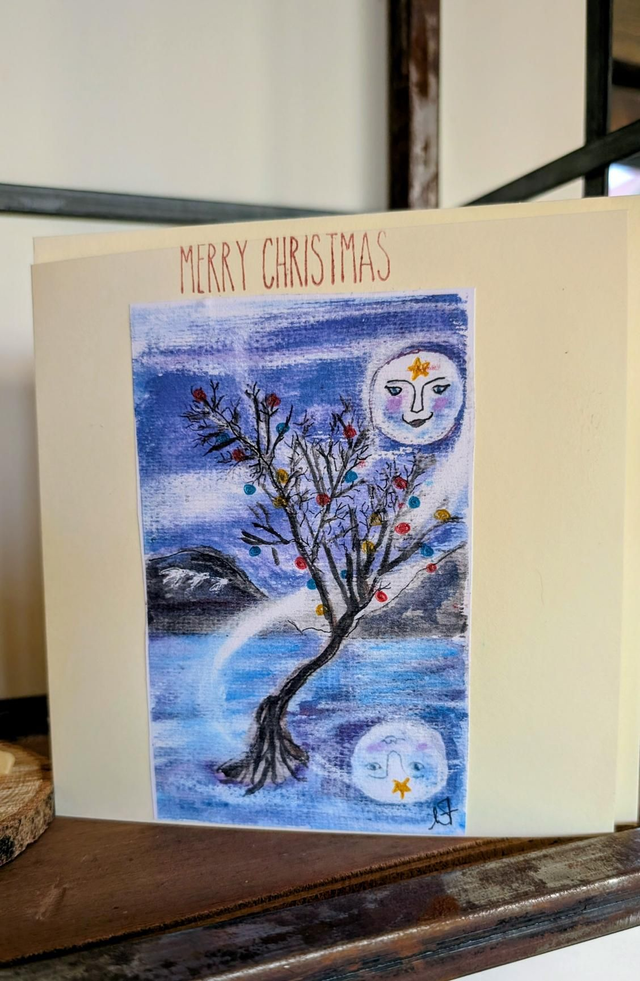 Art The lonely tree Llanberis Christmas Card Creative Cats by Wendy