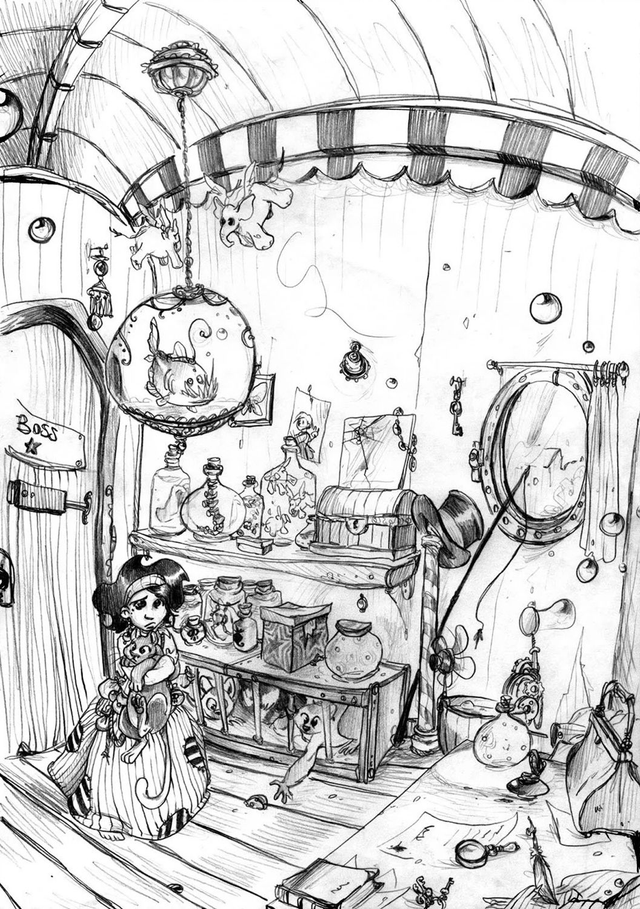 A3, personnages dans un décor, noir et blanc - commande d&#039;illustration originale