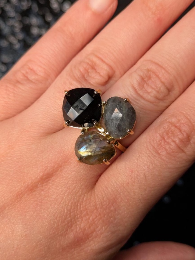 Bague triple obsidienne, labradorite 