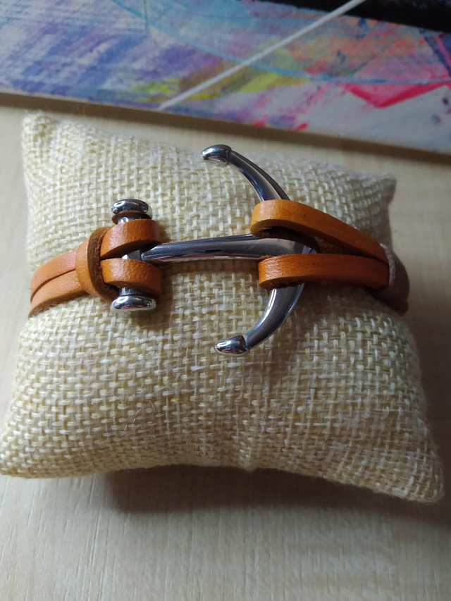 Bracelet cuir double lanières orange ancre 