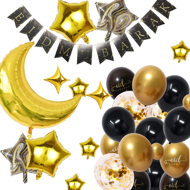69 piece Eid Mubarak Gold and Black Balloon Kit with Bunting