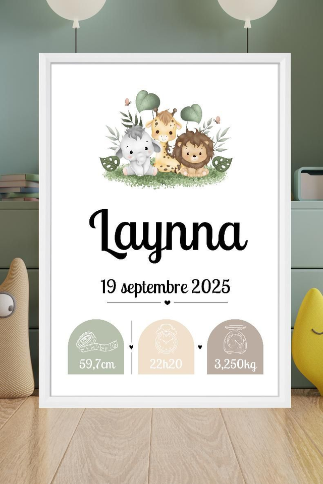Toile de naissance personnalisée encadrée – Cadeau de naissance unique – Décoration chambre bébé – Souvenir doux et poétique