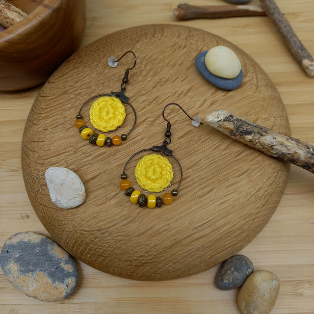 Parure jaune et bronze - Boucles d'oreille jaune créoles