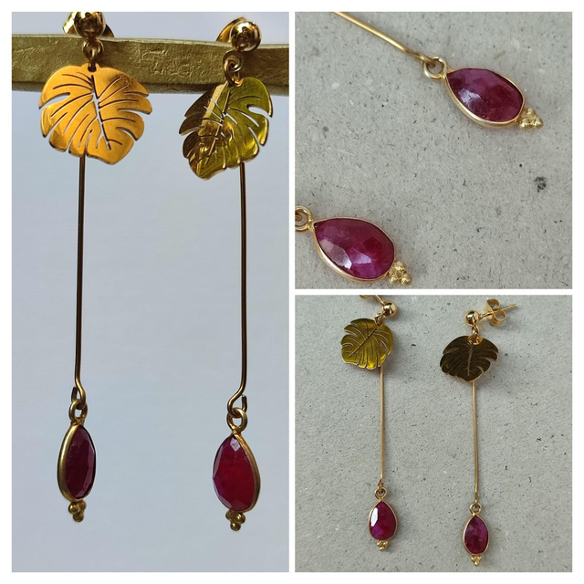 Boucles d&#039;oreilles longues feuilles et agate rose (pierres naturelles)acier inoxydable doré -sans nickel, pièce unique 