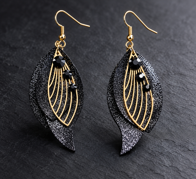 Éclat de Nuit – Boucles d’oreilles en cuir noir irisé, estampes dorées et strass noirs