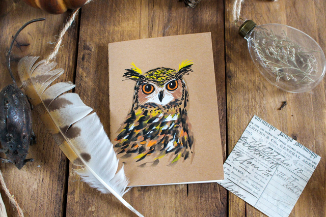 Petit carnet A6 couverture illustrée à la gouache Hibou