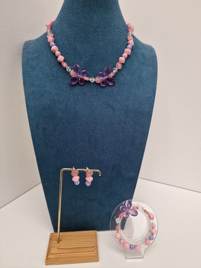 Parure Bijoux Papillons Dés Perles Roses Violets