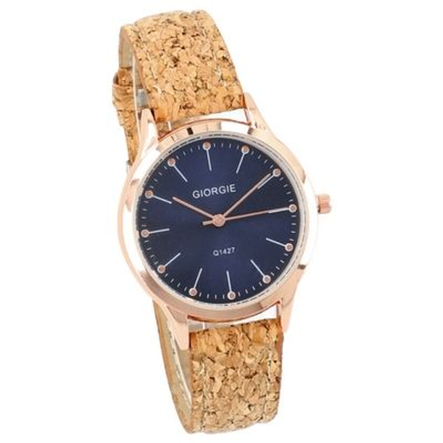 Montre femme bracelet liége boitier acier doré 3 aiguilles doré