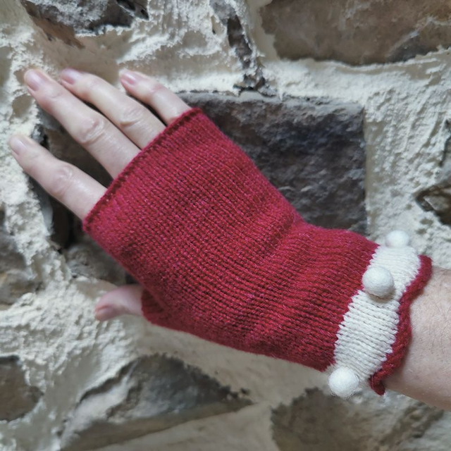 Winter Let it Snow Snowball Fingerless Gloves. Wool accessories. Knitted gloves. Winter red accessories. Red fingerless gloves. Felt gloves.