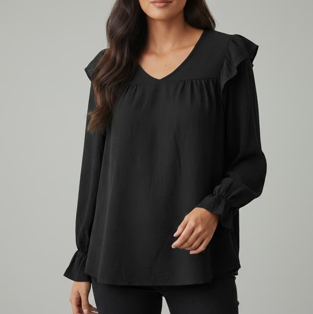 Blouse Noire à Volants et Col V - Taille Unique - New Collection