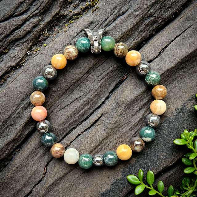 Bracelet Homme "Patience &amp; Paix Intérieure" : Serpentine, Agate Mousse &amp; Bois Fossilisé