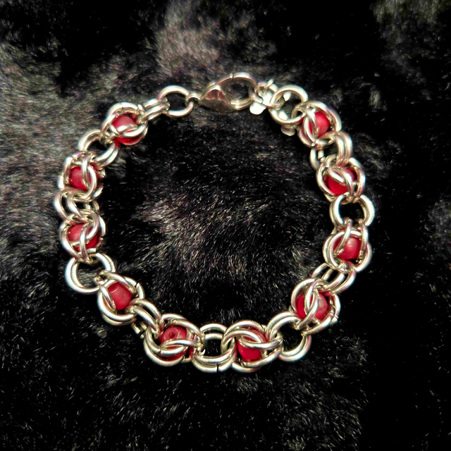 [OOAK] Stainless Steel Captured Bead Red Bracelet