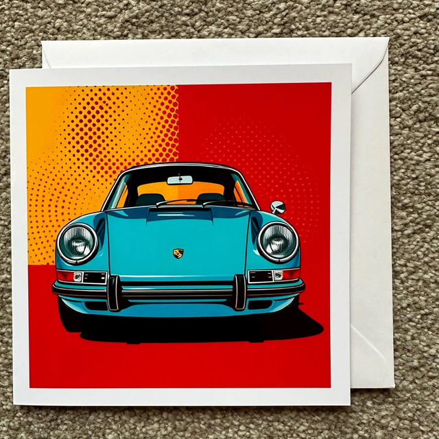 Classic Porsche 911 Retro Pop Art Greeting Card – Car Enthusiast Gift, Bold & Colourful Design for Birthdays, or Any Occasion