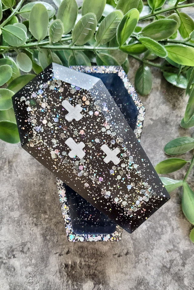 Grey-Black Coffin Trinket Box with Silver Holographic Glitter. Bottom only - no lid