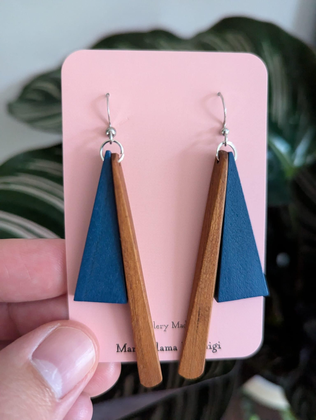 Blue and Wood Triangle Earrings