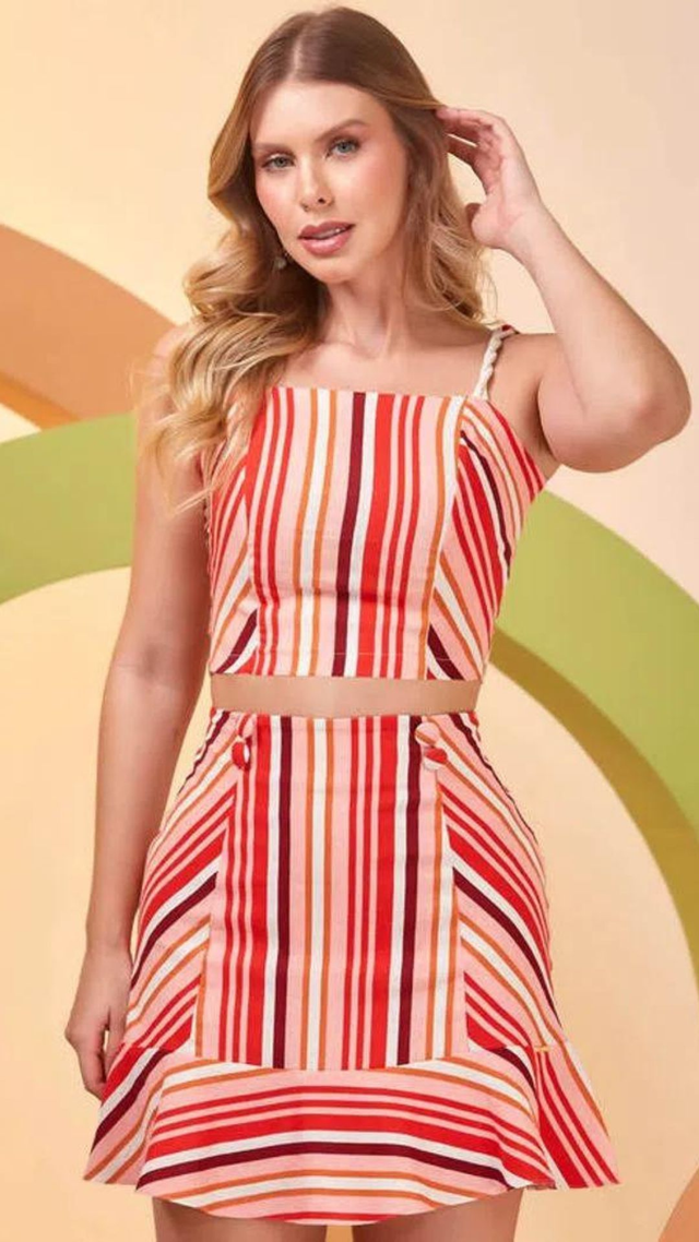 Conjunto Cropped e Saia de Linho Estampado | Moda Colmeia