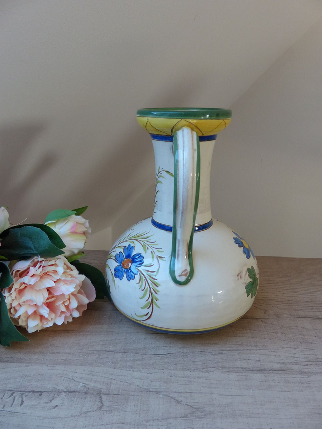 Rare Grand Pichet Carafe Chevrette en terre cuite émaillée de Fleurs Artisanat Italien Numéroté Vintage, Pichet Antique Peint Main Floral