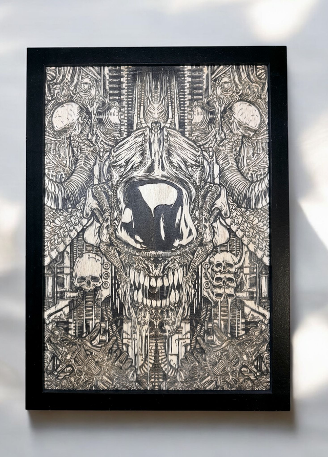 Tableau Alien Giger gravé sur bois avec cadre fait main – Décoration murale dark , original et unique