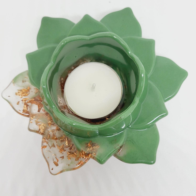 PHOTOPHORE LOTUS VERT ET TRANSPARENT PAILETTE BRONZE 