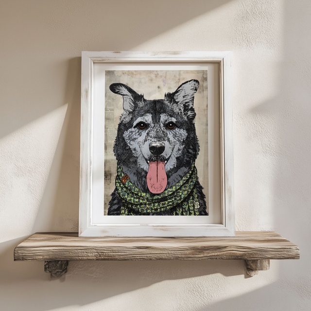 Neo: Collie Crossbreed Grey Dog Mixed Media Art Print A4