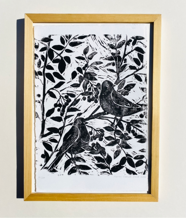 LINOGRAVURE D’UN COUPLE D’OISEAUX 