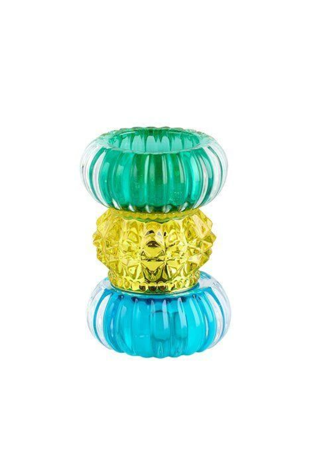 Sari, Teelichthalter H11,5cm, rund, blau/gelb/grün, gs