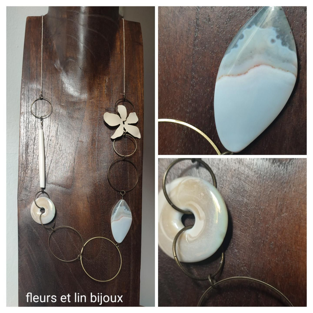 Z-Sautoir fleur crème,corne, céramique et agate aux jolis reflets monté sur fil de lin réglable, pièce unique 