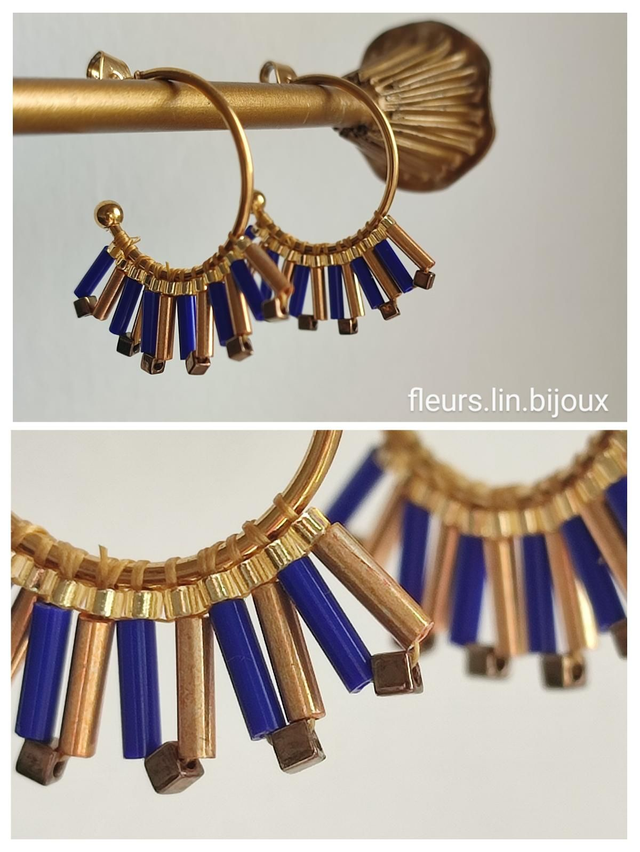 Z-Créoles en verre miyuki doré &amp; bleu tissées main,en acier inoxydable doré -sans nickel 