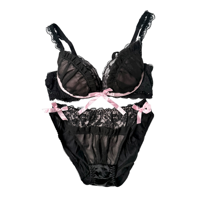 BNWT Japanese brand coquette black and pink tulle polka dot bra and underwear set 