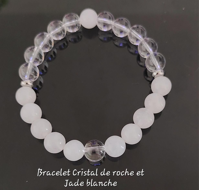 Bracelet femme “Pure Harmonie” – Cristal de Roche &amp; Jade Blanche – Bijou artisanal élégant