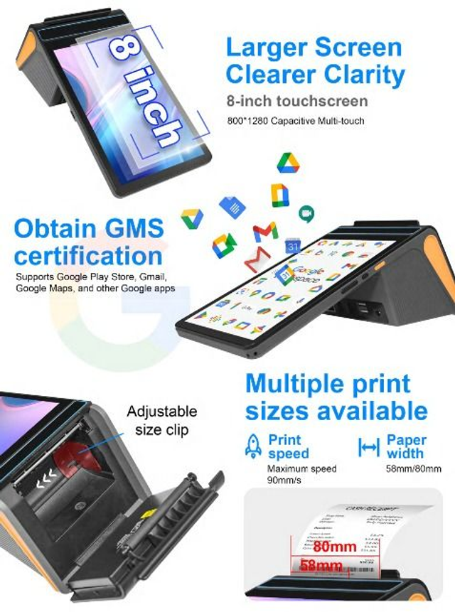 8" Handheld 4G Android 13 OS POS 800x1280p NFC Scanner CAM GPS SIM 2xUSB-C 1xDC Thermal Printer, 420g  (1)