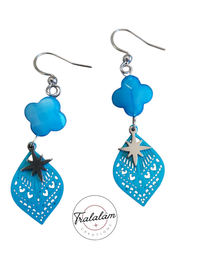 ✨Boucles d'oreilles légères filigranées trèfle bleu lagon étoile argent✨(162BO)