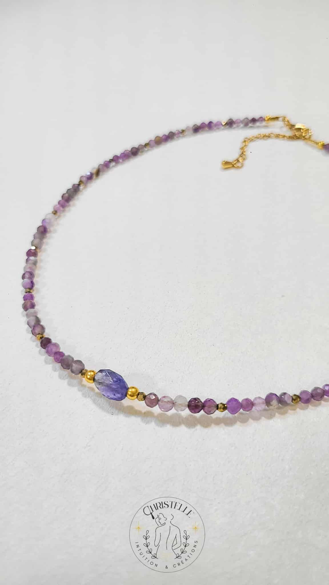 Collier Talisman Améthyste, Pyrite & Tanzanite – Protection et Sérénité