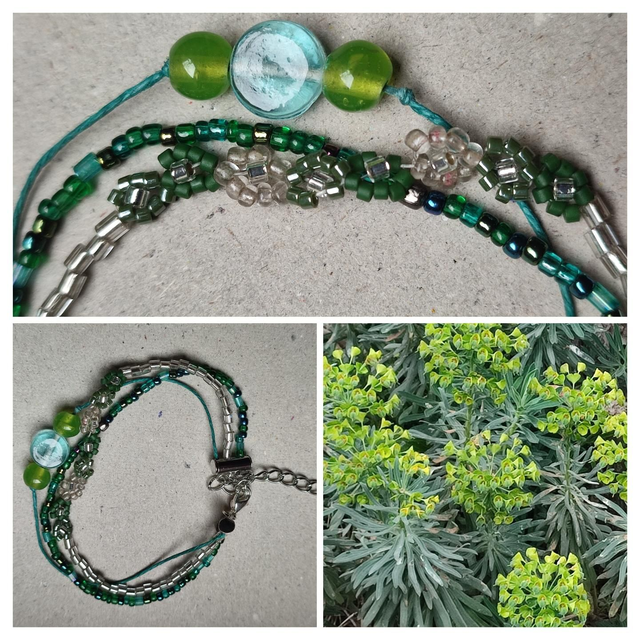 Bracelet verre bleu, argent, vert &quot;fleurs&quot; en perles miyuki, réglable avec chaîne d&#039;extension en acier inoxydable argenté, pièce unique 