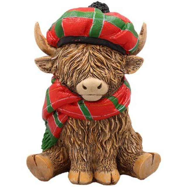 Highland cow with a cosy tartan tammy hat & tartan scarf ornament