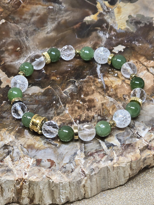 Bracelet Jade russe et Cristal de roche 0,8 cm